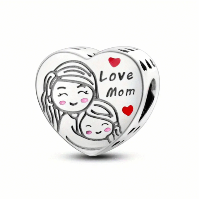 925 sidabrinis pakabukas su motinos ir vaiko piešiniu ir užrašu „Love Mom“